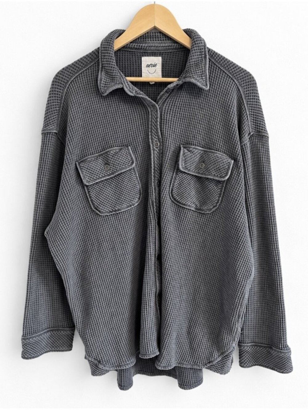 Aerie LumberJane Waffle Shirt Oversized Casual Smoked Gray Women’s L